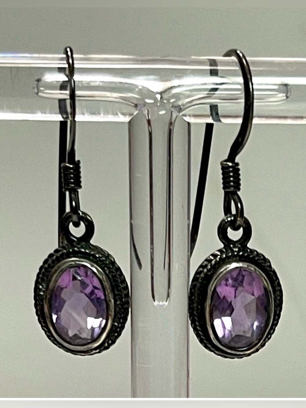 Artist Signed 925 Sterling Silver Bezel-Set Amethyst Earrings (2.1g)